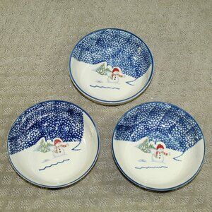 Vtg Thomson Pottery Snowman Christmas Holiday Set of 3 Soup Bowls Spongeware
